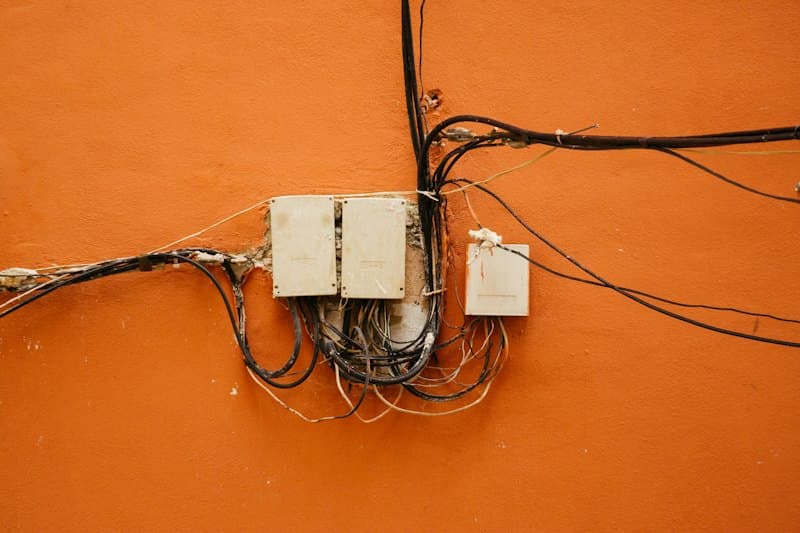 Offen liegende Kabel und alte Abzweigdosen an einer Wand