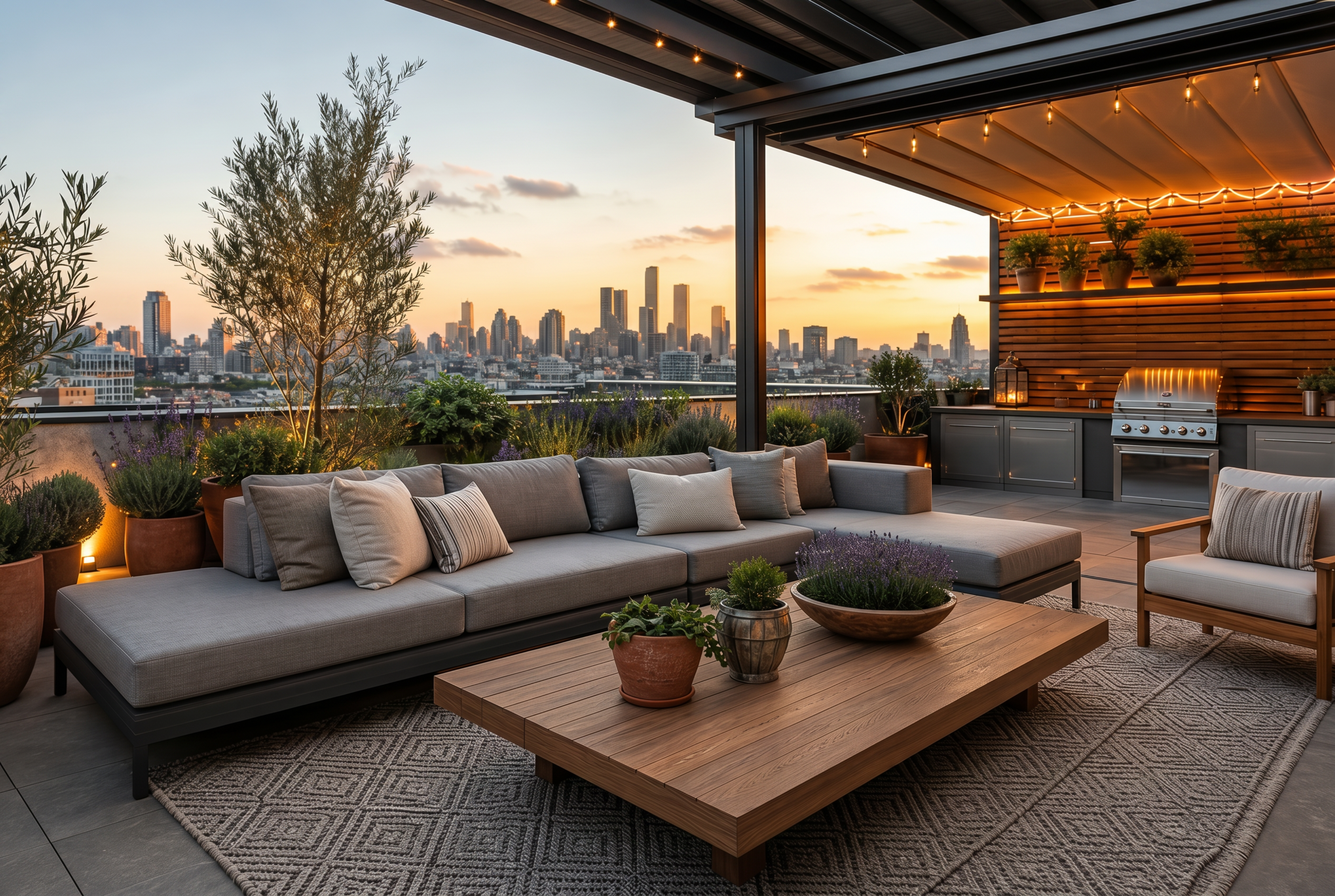 Outdoor-Terrasse mit Küchenzeile und Grill bei Sonnenuntergang, Skyline im Hintergrund.